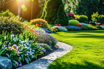 Obraz premium Landscape gardening design with green manicured lawn, green backyard with colorful blooming flower beds.