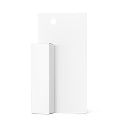 Naklejka premium Hanging packaging box mockup for cosmetics, accessories. Half side view. Vector illustration isolated on white background. Ready and simple to use for your design. EPS10.