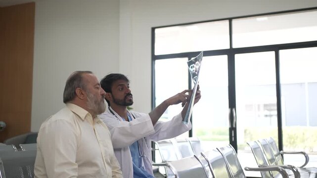 The senior man go to visit a doctor at hospital. Health care, medicine.