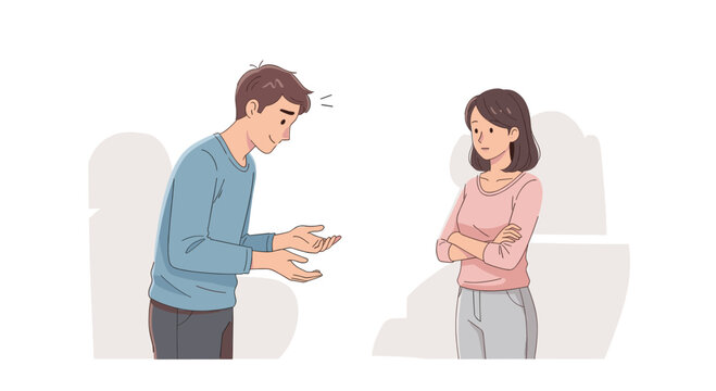 Illustrated couple experiencing conflict, with a gesturing man attempting to reason with a woman who stands with arms crossed, depicting relationship problems and seeking resolution.