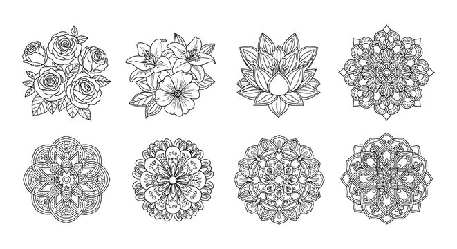 Intricate black and white floral mandala designs arranged in a grid