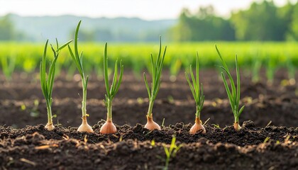 Six young onion plants in a row on dark soil with green field background