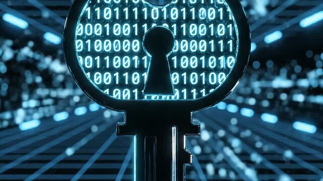 Futuristic surveillance camera displays binary code on screen in a high-tech digital corridor