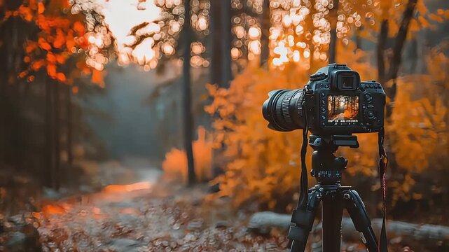 A serene autumn scene captured by a camera on a tripod, evoking calmness and creativity for nature photography enthusiasts.