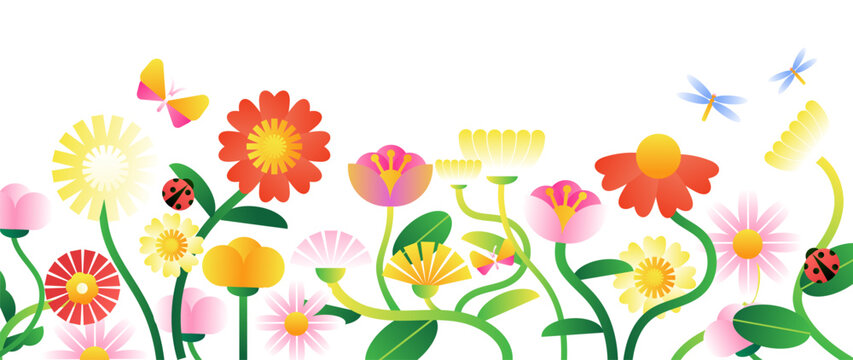 Spring flower garden border vector background with colorful blossoms and insects. Cheerful design for banners, cards, and invitations.