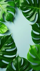  Lush green tropical leaf flatlay, creating a stylish summer pattern on a muted gray surface , nature, leaf background, tropical