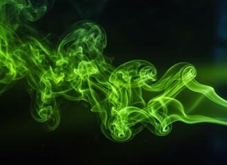 Vibrant Green Smoke Swirls Abstract Pattern Against Dark Black Background Ethereal Wisps Delicate Textures Dynamic Flowing Forms.