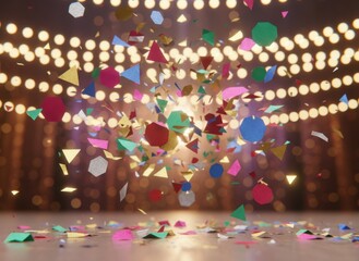 Vibrant Confetti Explosion with Twinkling Lights Creating a Festive Celebration Atmosphere on a Wooden Floor