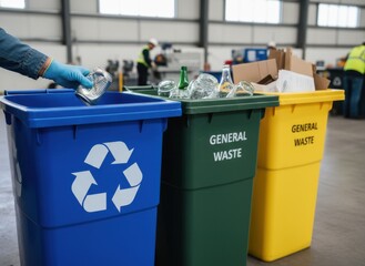 Person in blue glove depositing aluminum can into blue recycling bin with recycle symbol beside green and yellow waste bins in factory setting