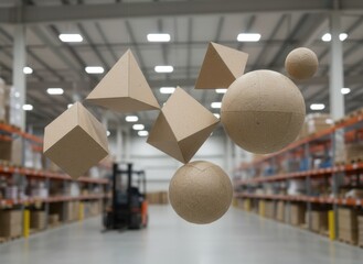Geometric Shapes Cubes Pyramids Spheres Suspended In Warehouse With Forklift And Shelving In Background
