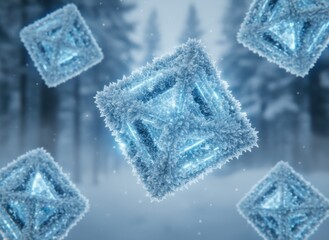 Floating Crystalline Cubes Covered in Frost with Glowing Blue Interiors in a Snowy Forest Setting with Soft Bokeh Background