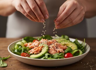 Hands sprinkling sesame seeds onto a vibrant salmon salad with avocado and cherry tomatoes in a white bowl on a wooden table, close-up shot