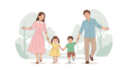 Fototapeta premium Illustrated happy family with two children walking hand in hand through a park, conveying joy, togetherness, and a sense of carefree fun, suitable for family-related content.