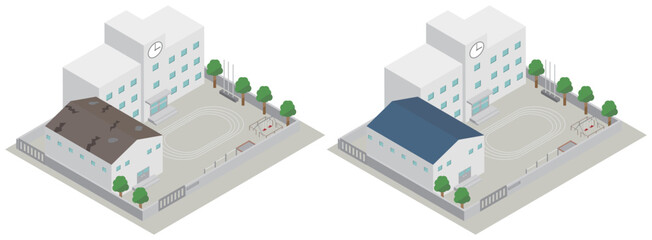 老朽化した学校の体育館の屋根の改修のビフォーアフターアイソメトリックイラスト