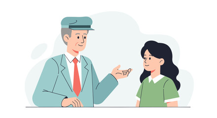 Fototapeta premium An illustration of a concierge, in a light blue uniform and red tie, explaining a service to a young woman. The illustration is clean, simple, and modern.