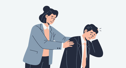 Illustration of a woman comforting a sad businessman by placing a hand on his shoulder in support, showcasing empathy and teamwork. Suitable for business and mental health themes.