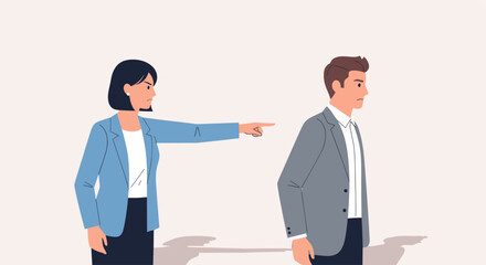 Fototapeta premium Illustration of a manager firing a male employee, pointing the way out in a hostile manner, suggesting dismissal, layoff or termination, against a plain background.