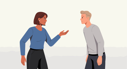 Fototapeta premium An illustration of a woman gesturing assertively towards a dejected man, suggesting a disagreement or confrontation, rendered in a modern, flat vector style.
