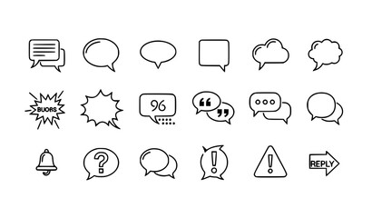 Monochrome Speech Bubble Line Icon Set in Minimal Outline Style Vector Collection