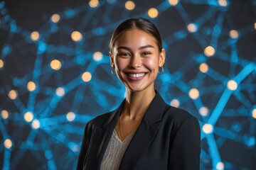 Obraz premium A businesswoman smiles with abstract glowing lines, representing artificial intelligence and machine learning. The scene reflects data, automation, and future technology.