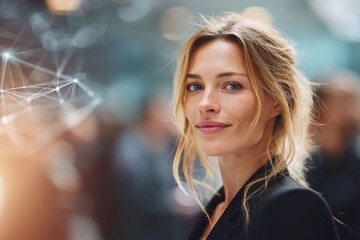 Obraz premium A businesswoman smiles with abstract glowing lines, representing artificial intelligence and machine learning. The scene reflects data, automation, and future technology.