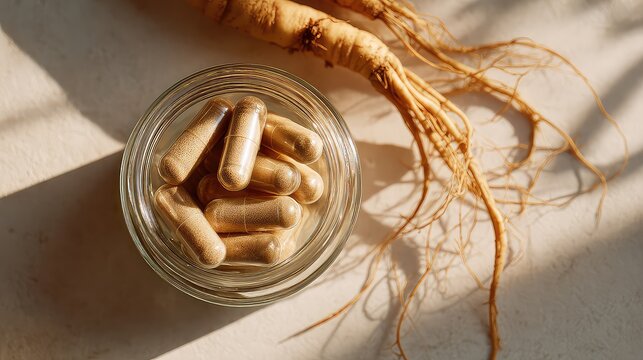 Top view of ginseng extract capsules in a glass jar with whole ginseng roots arranged elegantly