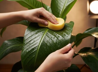 Close up Of Hands Gently Wiping Large Green Leaf With Yellow Sponge Domestic Plant Care And Cleaning Routine Warm Indoor Lighting
