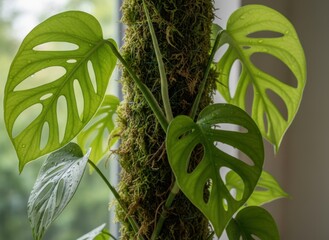 Monstera Adansonii plant with fenestrated leaves climbing a moss pole indoors with soft natural light and water droplets on the foliage