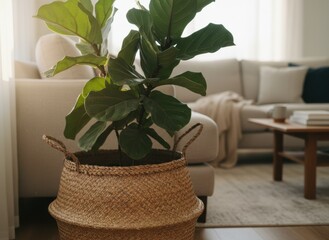 Fiddle Leaf Fig Plant In Woven Basket In Bright Contemporary Living Room With Beige Sofa And Wooden Coffee Table