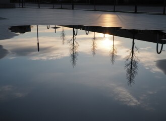 Reflection Of Trees And Clouds In A Puddle At Sunset With Sun Rays Shining Through The Clouds And Distant Streetlights