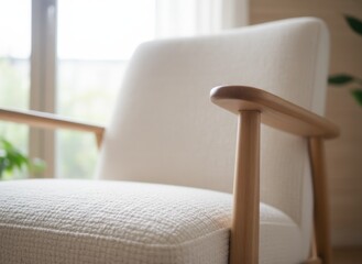 Minimalist Beige Armchair With Natural Wood Frame Near A Window With Soft Natural Light Illuminating The Textured Fabric