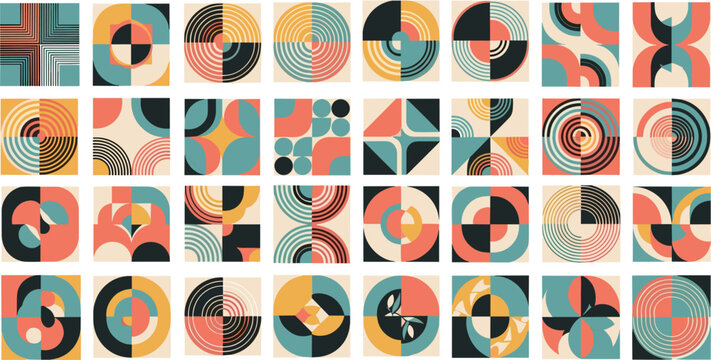 Abstract Geometric Pattern Tile Set with Bauhaus Inspired Minimalist Circles Lines and Shapes in Teal Coral and Gold for Modern Textile Design Wallpaper and Brand Identity