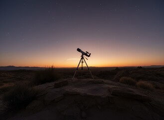 Telescope set up on a rocky outcrop under a twilight sky with distant stars and a vibrant orange horizon line