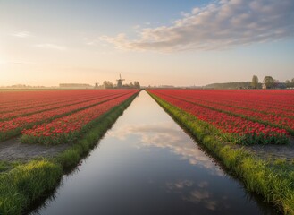 Vast Field of Red Tulips Stretching Towards Distant Windmills Under a Soft Sunrise Sky with Reflecting Canal in the Foreground