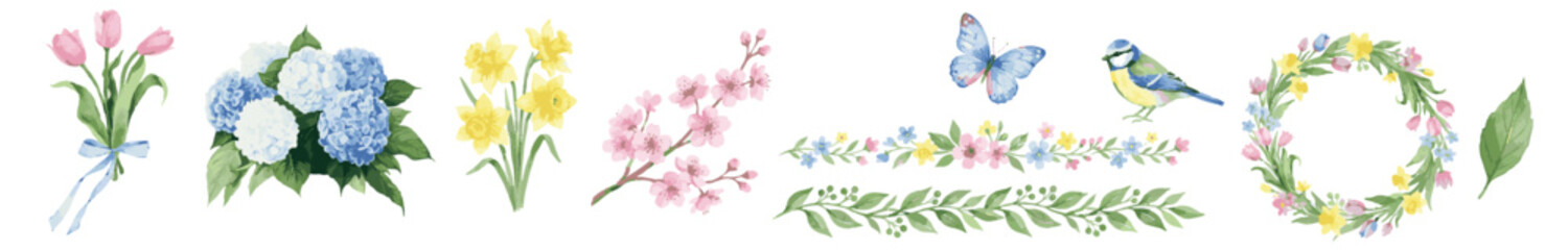 Fototapeta premium Tender floral set. Spring watercolor flowers, tulips, hydrangea, daffodils, sakura, branch set cute. Collection of Vector illustrations. Perfect for invitation, card, poster, banner, decoration