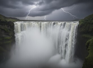 Powerful waterfall cascades down dramatic cliffs under a stormy sky with lightning illuminating the dark clouds and mist rising from the churning water below