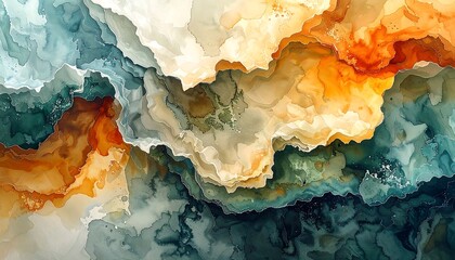 Fototapeta premium An abstract image featuring swirling colors akin to a watercolor painting, with flowing gradients of blue, orange, yellow, and white