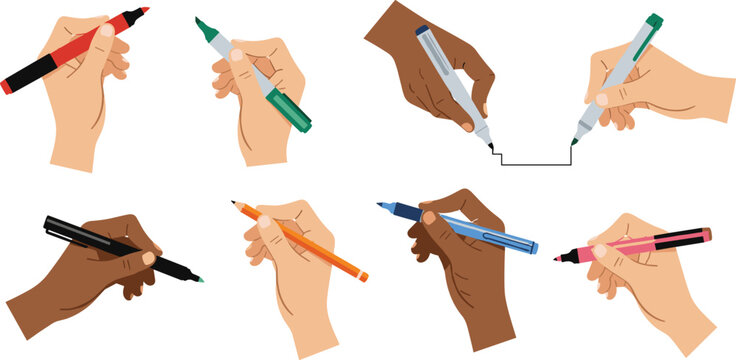 Diverse Hands Holding Felt Tip Markers Pens and Pencils Vector Set for Creative Writing Sketching Educational Tutoring and Office Stationery Graphic Illustrations