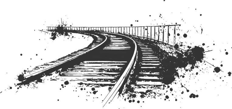 Vector line art black and white simple vector illustration of a curved railway track, simple line art, ink splashes.