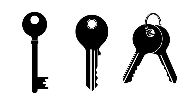 Black silhouette of three keys, one a vintage skeleton key, and two modern house keys on a keyring, isolated on white background