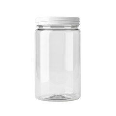 A clear glass jar with a white lid isolated on white background
