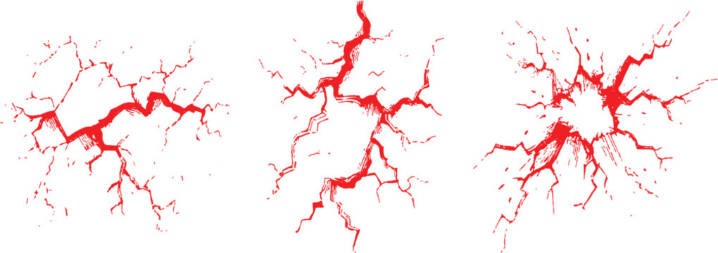 Red cracked surface textures, broken glass shattered fragments or wall fissures graphic vector illustration.