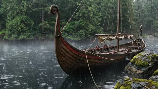 vikings ship. A historic Viking longship moored in a misty forested landscape, adorned with intricate carvings, as rain gently falls onto the calm, reflective waters