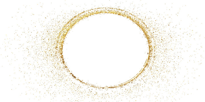 Golden glitter forms a ring around an empty white circle, isolated on white background. White circle framed by swirling golden glitter, creating a sparkling, celebratory effect.