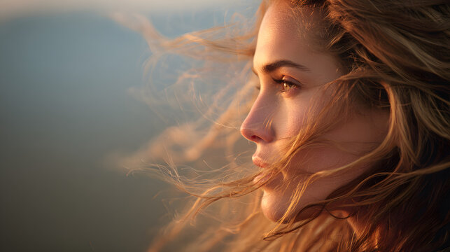 Profile of woman with windblown hair