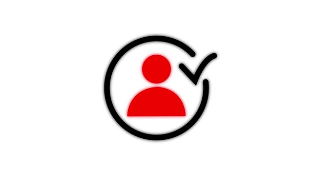 Glowing user profile verification icon animation on dark background, account approval concept with neon circle badge and check mark motion
