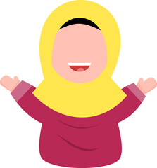 Obraz premium Cheerful young girl wearing a bright yellow hijab and magenta clothing expressing excitement with open arms