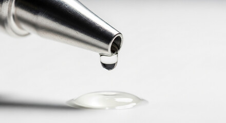 液滴 光を受けて輝く金属ノズルのマクロ写真