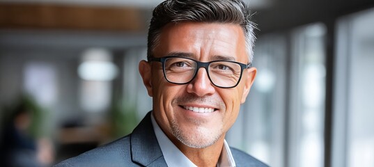 Fototapeta premium Confident and Optimistic Business Leader Smiling in Modern Office, Representing Success and Growth