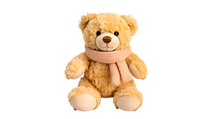 A fluffy honey brown teddy bear wearing a soft pink knitted scarf sits upright against a plain black background with gentle studio lighting creating a comfortin